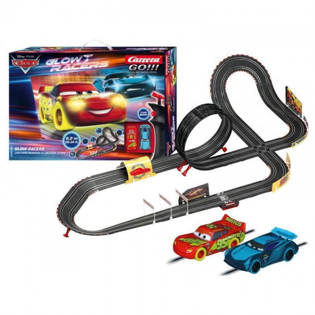 CARRERA GO SET DISNEY CARS GLOW RACERS LIGHTNING MCQUEEN VS  JACKSON STORM